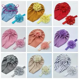 Berets Fashion Golden Dots Chefon Flower Match Hat и набор для волос Удобно мягкие девочки Caps Детские аксессуары подарки на день рождения подарки