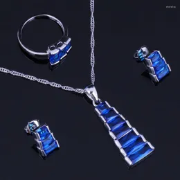 Halsbandörhängen Set Marvelous Trapezoid Blue Cubic Zirconia Silver Plated Pendant Chain Ring V0963