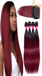 1b99j Brazilian Straight Human Hair With Closure Ombre Burgundy Straight Hair Bundles With 4x4 Lace Closure Gagaqueen4588047
