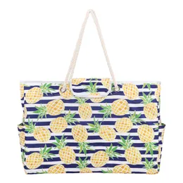 Sac de plage de grande capacité, fourre-tout décontractés multi-styles avec rayures d'ananas, feuilles de bananier et impressions de lettres