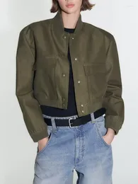 Damenjacken Frauen Solide Pilot Jacke Mantel 2023 Vintage Oansatz Überzogene Taste Kurze Weibliche Taschen Chic Langarm Top Outwear