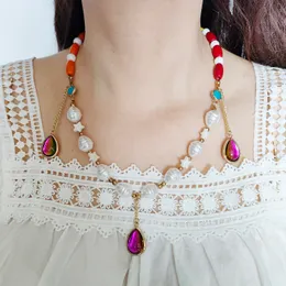 Vintage White Pearl Charms Chain Necklace Choker y2k Aesthetic Purple Water Drop Pendant Wooden Beads Ladies Girls Women Jewelry Accessories Mother's Day Gift