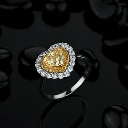 Klusterringar lyx 925 sterling silver gult högt kol diamant hjärta för kvinnor fina smycken kärlek lovande fru ring gåva