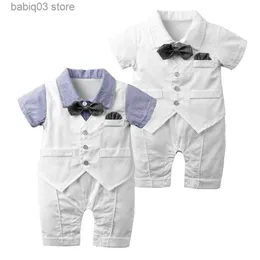 Rompers Cotton Newborn Baby Boy Outfits Breathdays Baptism Romper Infant Short Sleeves Gentleman Bow Tie Clothes 0-24M T230529