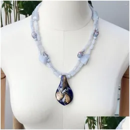 Collane con ciondolo Lii Ji Collana in vera pietra blu Agate di pizzo 2 file 58 cm Smalto colorato Donna Stocksale Drop Delivery Ciondolo gioielli Dhczr