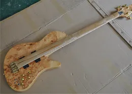 4 sznurki Naturalne drewno kolor elektryczny gitara basowa Burl spalted klon górny jeden kawałek szyi przez ciało popiołu 9V bateria aktywna pickup klonowy podfaktarz złota sprzęt