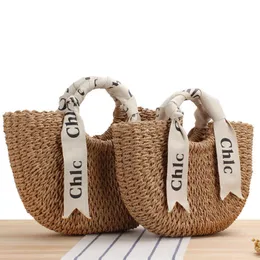 Beach Bags Letter Scarves Hand Held Straw Woven Bags Paper Grass Hiking Vacation Handbags Shoulder Moon Bags 230529