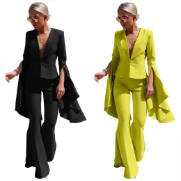 2023Womenの2ピースパンツ本物のオフィスブレザーセット黄色のソリッドスーツ女性フォールパンツ長袖スリムなエレガントスーツ