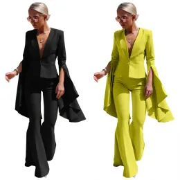 2023 Pantaloni da donna a due pezzi Genuo Blazer da ufficio Set Giallo Solid Suit Donna Autunno Pantalone manica lunga Slim Abiti eleganti