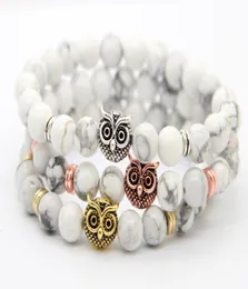 2016 New Design Top Quality 8mm Natural White Howlite Stone Beads Antique Gold Rose Gold Silver Owl Bracelets Exquiste Gifts9762998