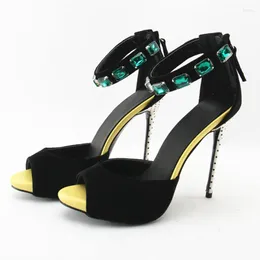 Sandalias Designer Black Mujer Sandals Heels High Gladiator Summer Flock Peep Toe Crystal Ankle Shoes Woman Woman