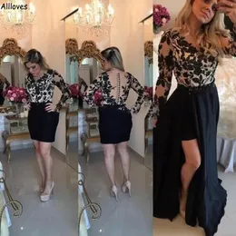 Detachable Train Overskirts Arabic Aso Ebi Cocktail Prom Dresses Black Lace Appliqued Sexy See Through Buttons Back Evening Gowns Women Formal Party Wear AL8986