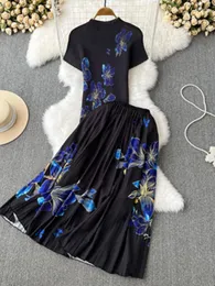 Work Dresses Summer Fashion Flower Skirt Suit Women's Stretch Colorblock Knit Top High Waist Floral Printed Holiday Two Piece Set