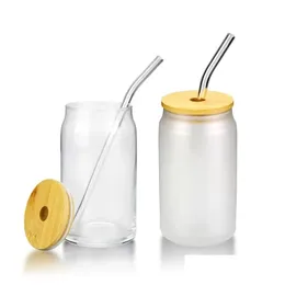 Canecas de 16 onças de sublimação de vidro copo de cerveja bebendo copos de 500 ml de copos com lid de bambu St Diy Blanks Fosted Clear pode caneca