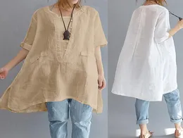 Vintage Round Neck Cotton Linen Blouse Women Plus Size Loose Short Sleeve Long Blouses Top Female Irregular Hem Shirt Blouse 5xl Y5497036