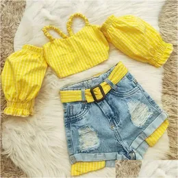 Clothing Sets 1 5 Years Fashion Children Girls Clothes Summer Off Shoder Plaid Strap Crop Tops Belt Denim Ripped Hole Shorts Outfits Dh9Yg