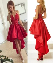 2018 Hilo Red Cocktail Dress Sexy SpageTtistrap Lace Satin Short Front Long Back Dress Cheap Formal Dresses Robe De Soire6575872
