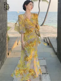 Casual Kleider Frauen Gelb Französisch Stil Floral Print Wrap Langes Kleid Vestidos Elegantes Abend De Noite