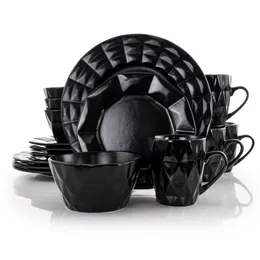 أنيقة رجعية ستة أدوات طعام مزججة من 16 قطعة مجموعة باللون الأسود