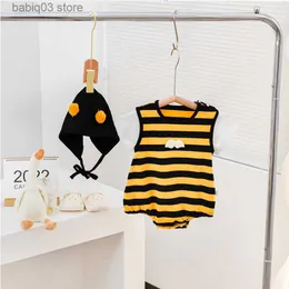Rompers Infant Baby Rompers Summer Costume Boys Boys Bee Bee Striped Cotton Jumpsuit+Hat Set新生幼児