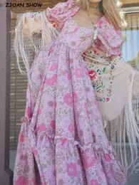 Princess Cross Pink Flower Print Maxi Long Swing Dress Women Corset Square Neck Puff Sleeve Ruched Ruffles Hem Fairy Robe