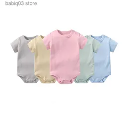 Rompers Newborn Baby Boy Clothing One-Pieces Solid Color Baby Girl Bodysuit Short Sleeves Cotton 3-24 Months Shoulder Buckle Romper T230529