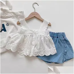 Clothing Sets Girls Outfit Summer Kids Clothes Lace Edge Pure White Baby Girl Casual Suspender Denim Skirt Childrens 230523 Drop Del Dhbwv