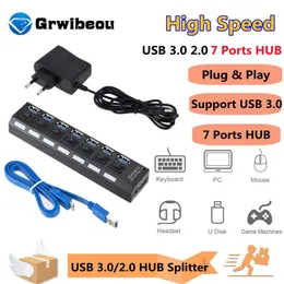 Stations GRWIBEOU USB 3.0 Hub Multi USB Splitter 3 Hab Use Power Adapter 7 Port Multiple Expander USB 2.0 Hub with Switch For PC Computer