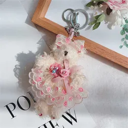 Key Rings Exquisite Wedding Dress Bear Women's Cute Animal Plush Doll Keychain Holder Korean Fashion Bag Charm Pendant Gift G230526