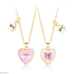 Pendant Necklaces 2Pcs/Set Sweet Heart Butterfly Rainbow Chain Friends Necklace BFF Friendship Children's Jewelry Gift For Girls