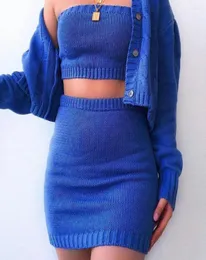 Women039s Tracksuits 3PcsSet Sexy Two Piece Set Women Outfits Autumn Knitted Tube Top Sweater Cardigan Bodycon Mini Skirt5939279