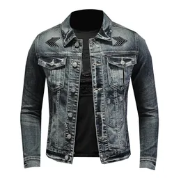 Herrjackor Motorcykel denimjacka Badge Patch Desgin Blue Stretch Cotton Slim Jean Biker Men Spring Autumn Outerwear Coat