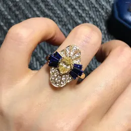 Cluster Rings Luxury Geometric Design Charm 18K Gold Color Blue And Yellow CZ Wedding Ring For Women French Retro Jewelry Wmen