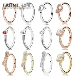 FAHMI 100 925 Sterling Silver Heart Ring 14K Golden Rose Gold Series Shiny Bow Rings Puzzle Shaped Shining9344814