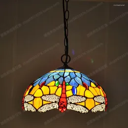Pendantlampor 12-tums europeiska mode Dragonfly Tiffanylamp Stained Glass Art Cafe Lighting Hanglamp Industrie Vintage Light