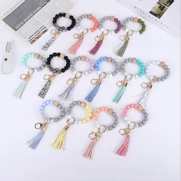 Pulseras de cuentas de silicona de moda, colgante de llavero con borla de haya, pulsera de cuero, joyería para mujer