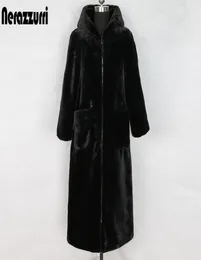Nerazzurri largo invierno abrigo de piel sintética con capucha manga larga cremallera negro peludo piel de conejo falso outwear más tamaño chaqueta de shealing T29022991