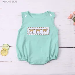 Rompers New Born Toddler Jumpsuit Baby Boy Clothes Puppy Embroidery Infant Romper Sleeve Shorts Mint Bodysuit Cute Dogs Babi Outfits T230529