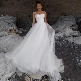 Romantik Spagetti Kayışları Polka Dotlar Gelin Elbiseler Bir Çizgi Plaj Gelinlik Backless Tulle Boho Açık Yaz Vestidos De Novia