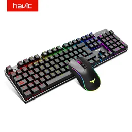 Combos Havit Gaming Mekanik Klavye ve Fare Combo 4800DPI 7 Düğme Fare Kablolu Mavi Anahtar 104 KEYS Rainbow arkadan aydınlatmalı klavyeler