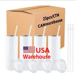 USA CAN Stock 25pcs/Carton Sublimation Blanks Vaso recto Vaso de agua de 20 oz con tapa y pajita GJ0529