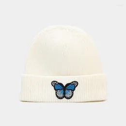 Berets Autumn And Winter Acrylic Butterfly Embroidery Thicken Knitted Hat Warm Skullies Cap Beanie For Men Women 03