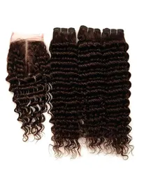 Peruvian Dark Brown Human Hair Weave Bundles with Closure Deep Wave Wefts with Closure 4 Chocolate Brown Lace Closure 4x4 with We1997240