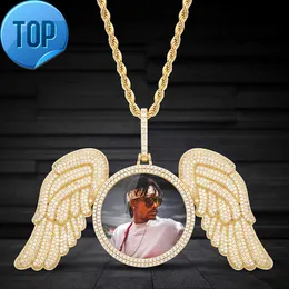 INS Angel Wings Grande moldura de foto pingente cheia de acessórios de colar de hip hop de zircão