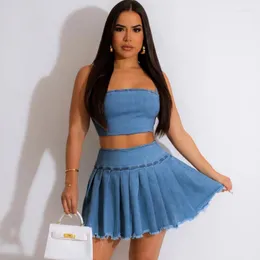 Vestidos de trabalho Sexy Mulheres de cor sólida de cor sólida Jeans de duas peças tamp top e saia plissada 2 peças Vestido Jeans Slid YK2