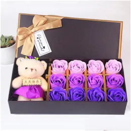 装飾的な花の花輪12 PCローズギフトボックスおもちゃベアと一緒にロマンチックな人工石鹸花バレンタインドロップ配達DH28W