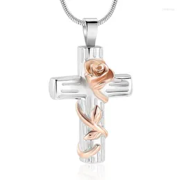 Collane con ciondolo Collana con urna di cremazione a croce avvolta da fiore rosa per donna Gioielli ricordo in acciaio inossidabile Memorial Est