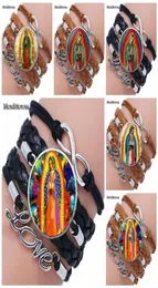 For Women Christmas Jewelry Glass Cabochon Multilayer BlackBrown Leather Bracelet Bangle Virgin Mary Sacred Heart Religious7358461