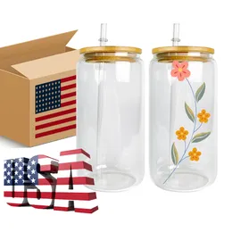 US WAREHOUSE 16oz clear beer Juice Pop sublimation glass mugs blank sublimation beer shaped glass cans with bamboo lid and straw hh0530