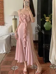 Women Sumemr Pink Chiffon Ruffles Off Shoulder Split Long Dress Wedding Prom Dress Robe Elegante Femme Bridesmaid Dresses